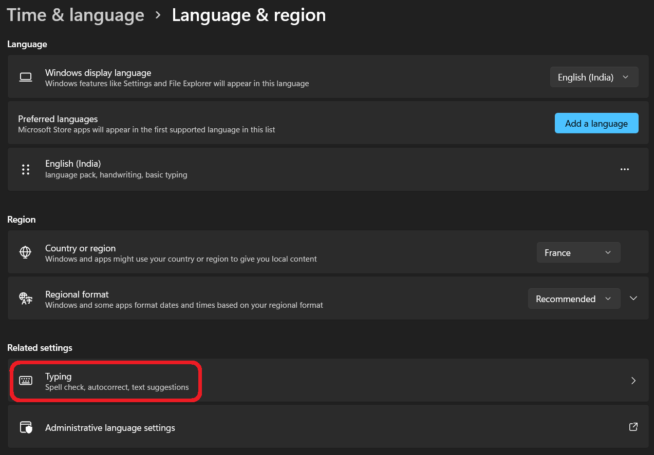 screenshot of Region and Language settings page; Typing menu item highlighted