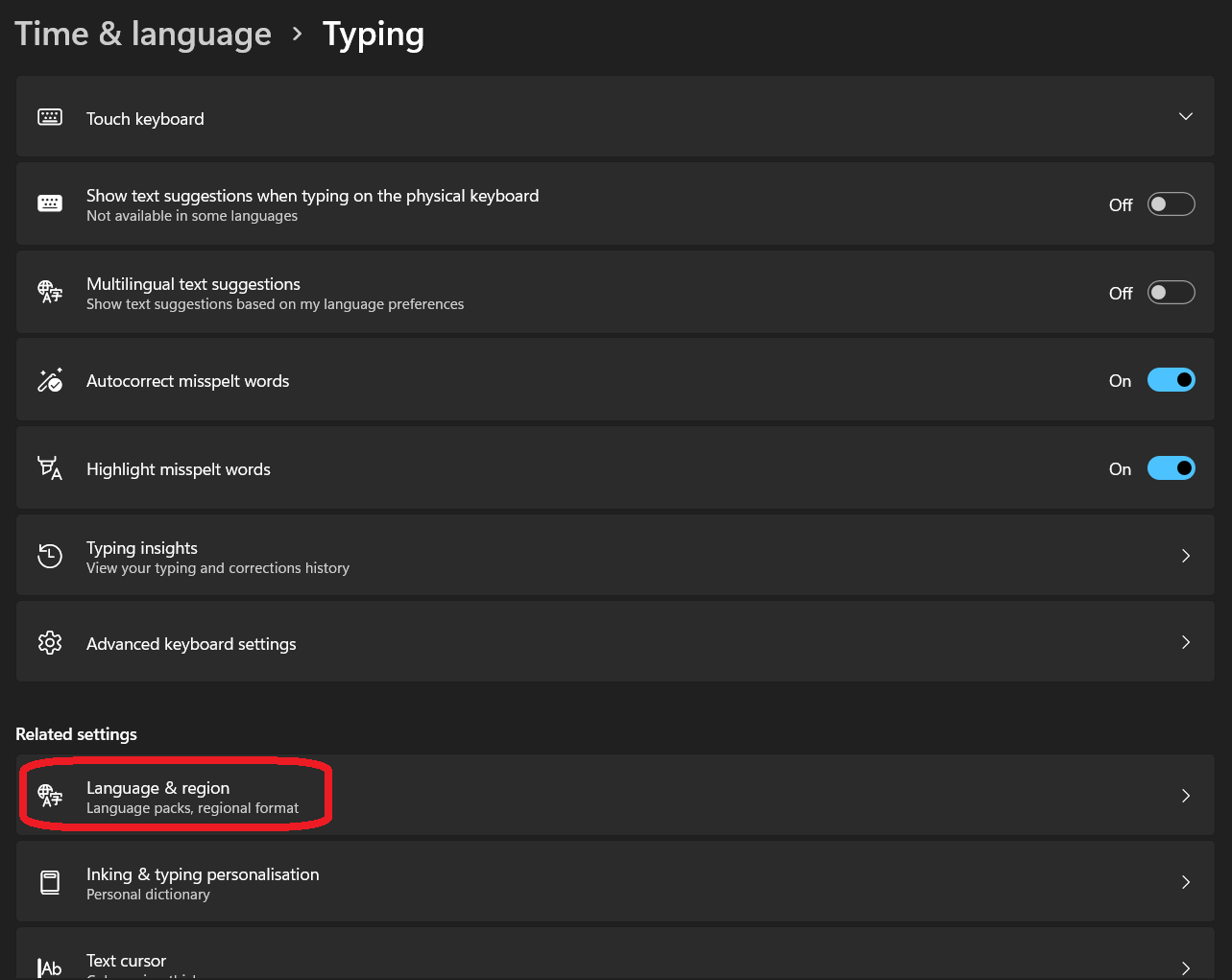screenshot of Typing settings page; Language & Region menu item highlighted