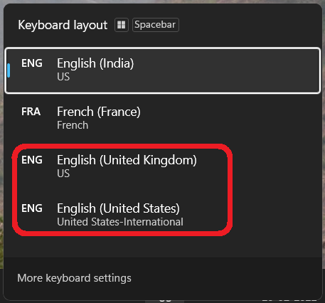 screenshot of language switcher popup with extra layouts highlighted