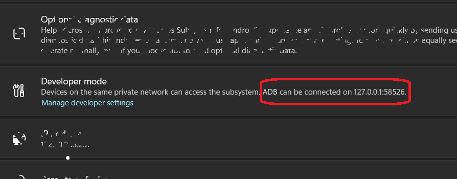 screenshot of WSA application; highlighted text: "ADB can be connected on 127.0.0.1:58526"
