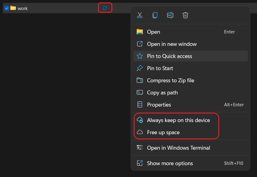 screenshot of Windows Explorer UI showing cloud sync control menu items and status icon